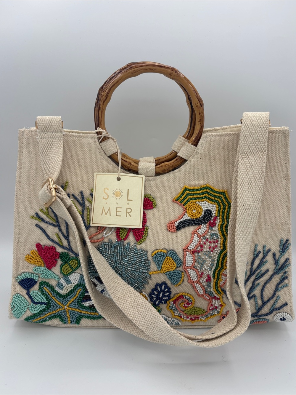 Sol and Mer Beaded Seahorse Canvas Tote with Bamboo Handles - Natural - Picture 3 of 12